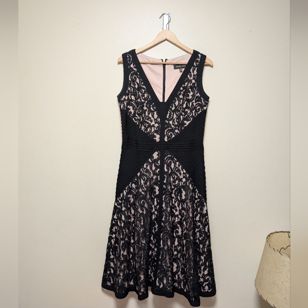 Tadashi Shoji Lace Dress Black Nude Fit Flare 12